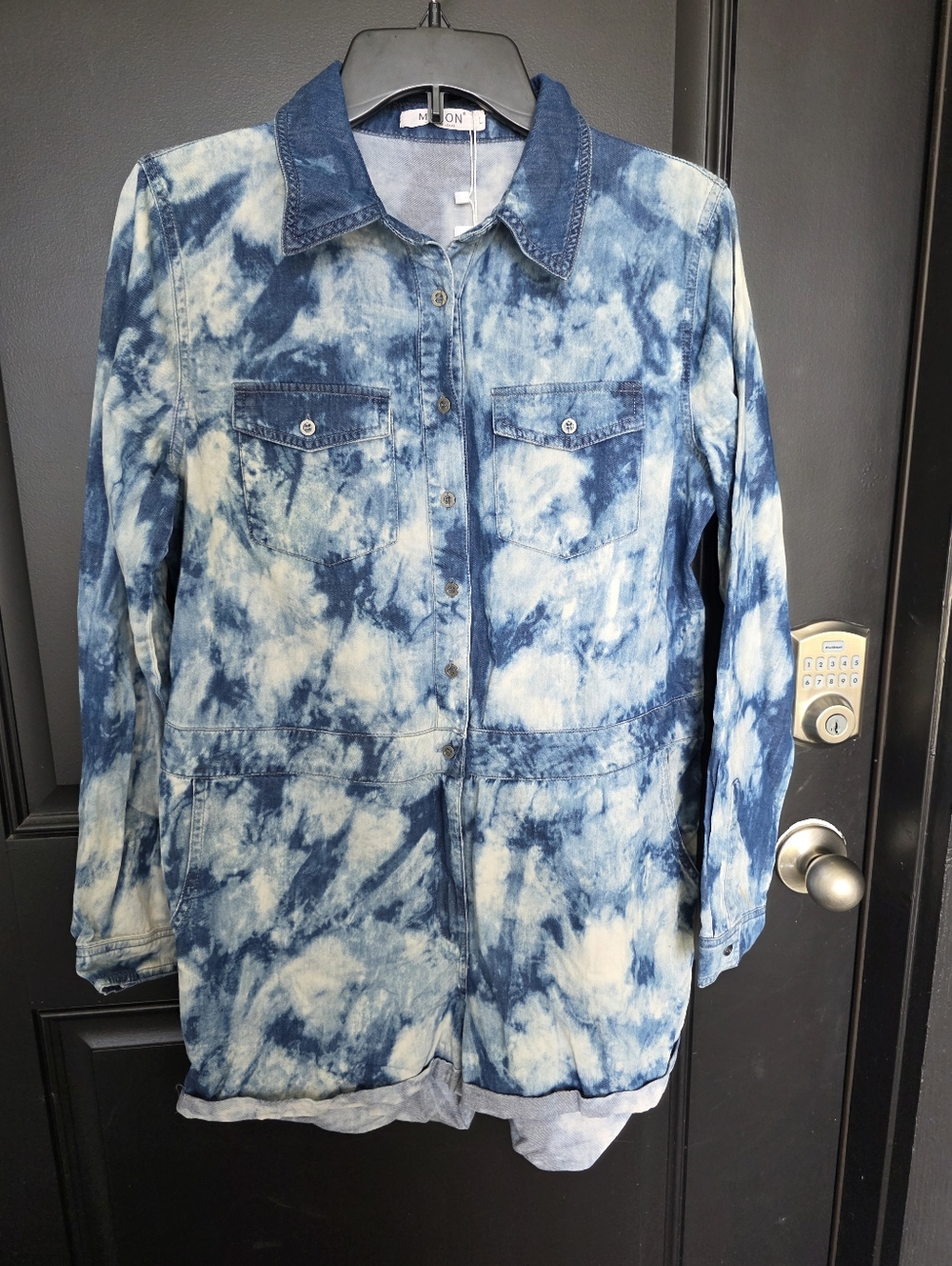 Mebon Women Tie Dye Denim Romper Blue Button Up Sz L Utility Style Long Sleeve - Picture 2 of 11